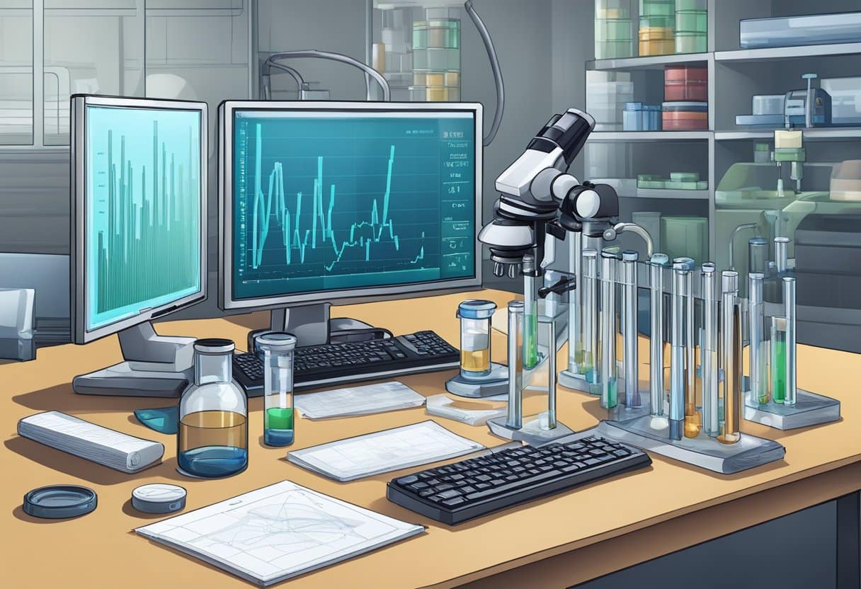 A lab table with test tubes, vials, and scientific equipment. A microscope and a computer displaying immune system data