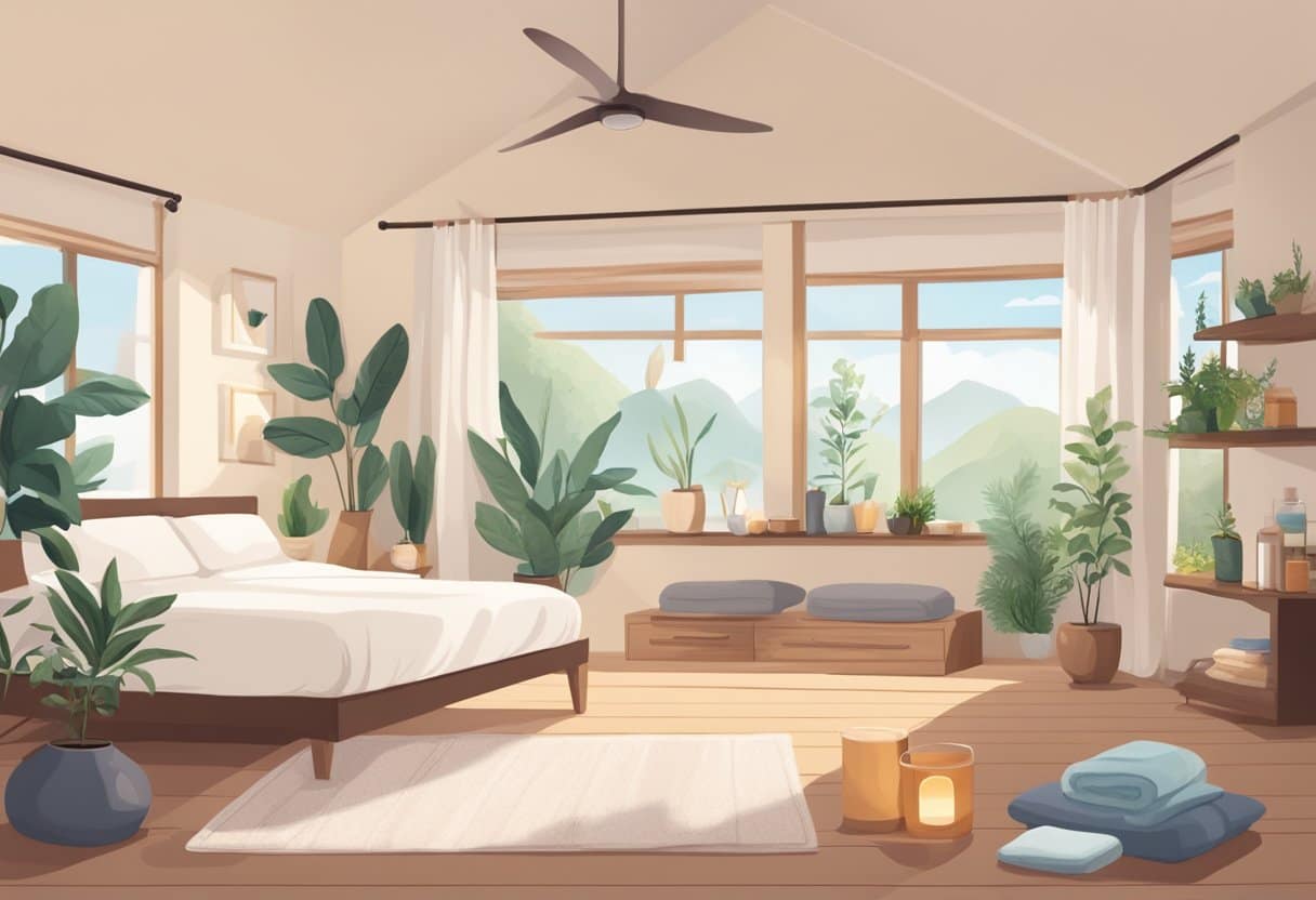 A serene bedroom with a diffuser emitting essential oils, a cozy blanket, herbal teas, supplements, and a yoga mat for gentle exercise
