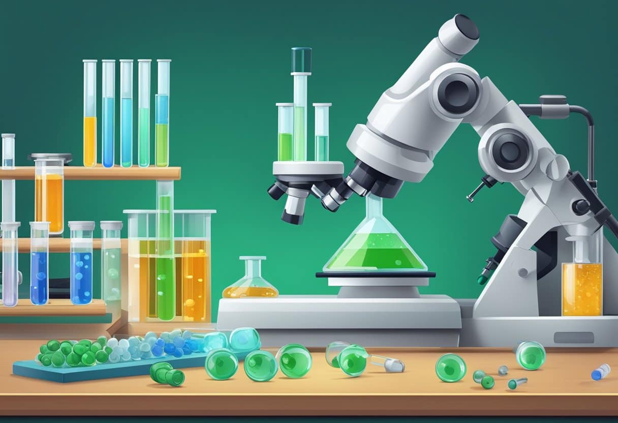 A laboratory table with test tubes, petri dishes, and scientific equipment. A microscope is set up for research on Lyme Disease and Long COVID