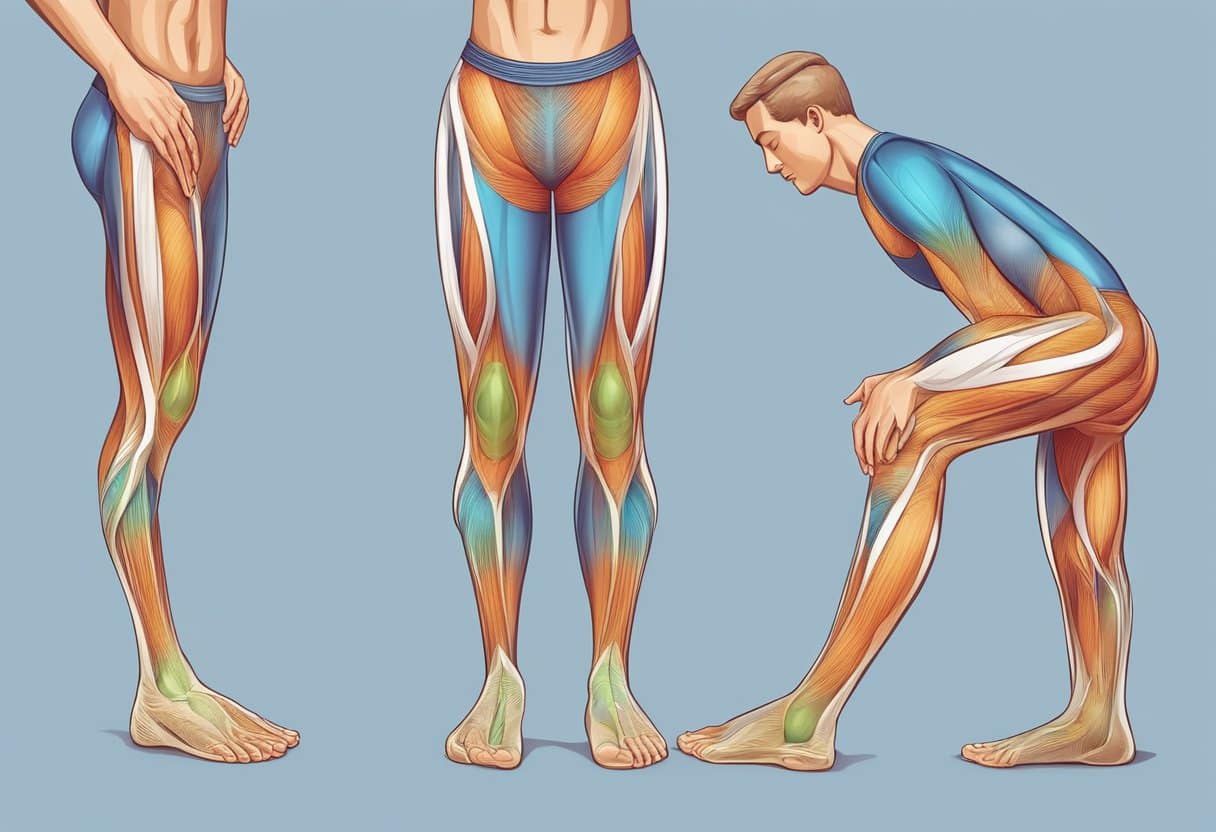 A person stretches their legs while standing on tiptoes, then massages the affected muscles to alleviate the cramps