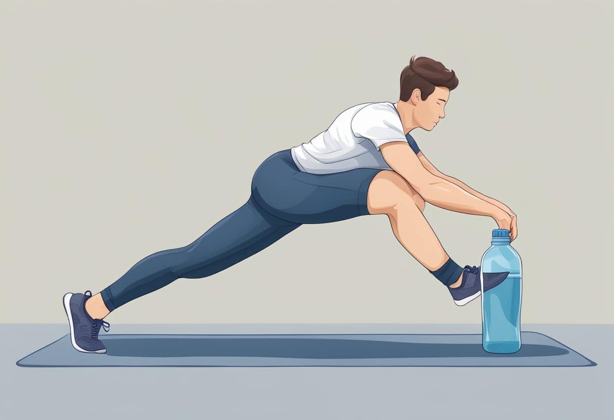 A person stretching their legs and drinking water