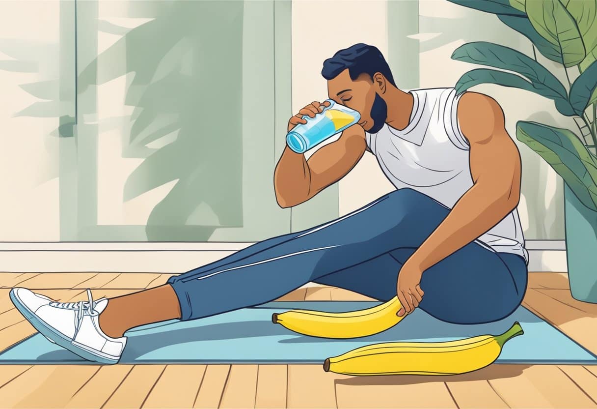A person stretching their legs while drinking water and eating a banana