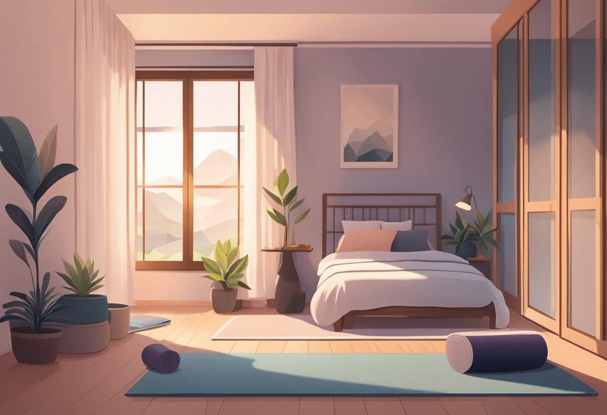 A serene bedroom with dim lighting, a yoga mat on the floor, and a person stretching or doing gentle yoga poses