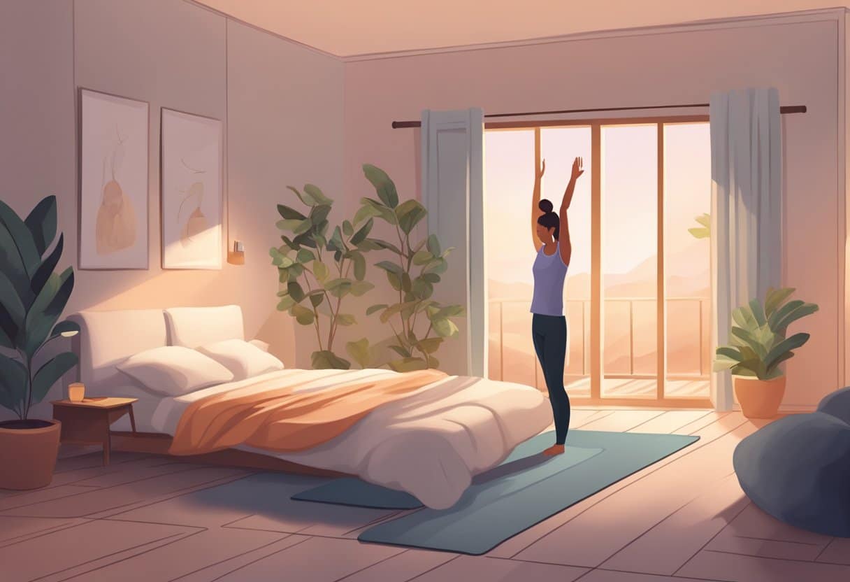 A serene bedroom with soft lighting, a yoga mat on the floor, and a person in pajamas doing gentle stretches and deep breathing exercises