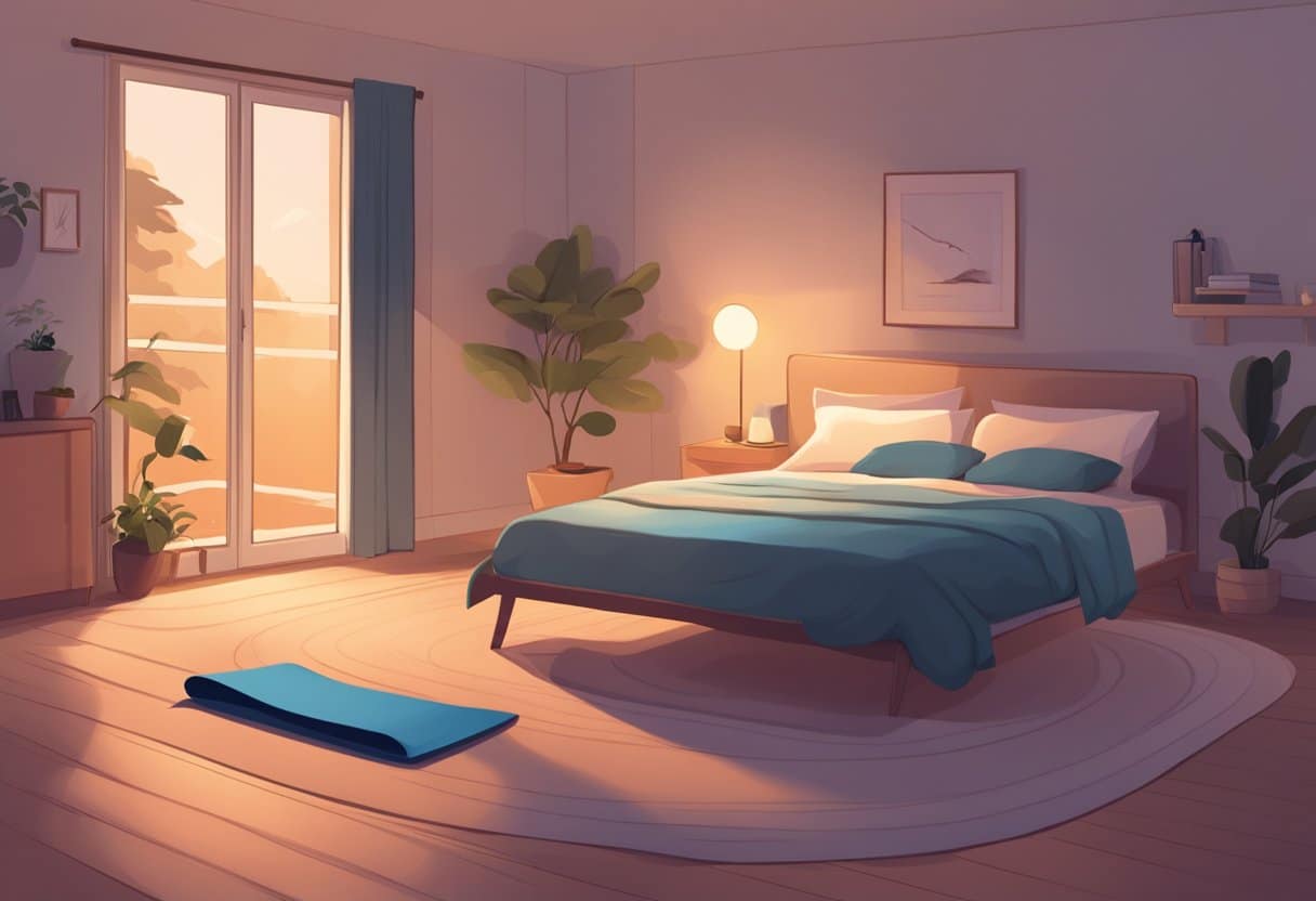 A serene bedroom with dim lighting, a yoga mat on the floor, and a person stretching or doing gentle yoga poses before bedtime