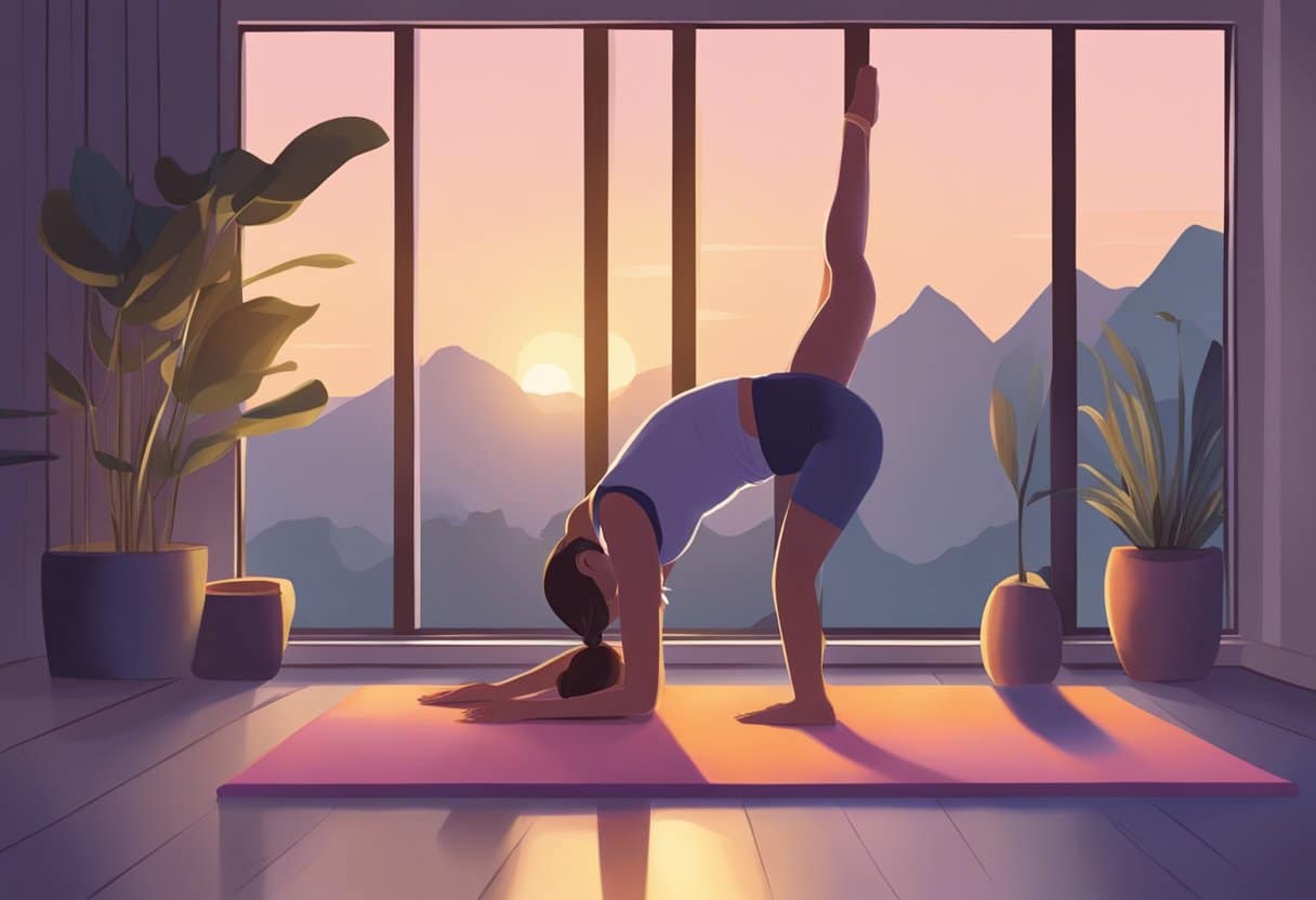 A figure performing gentle stretching and yoga poses in a dimly lit room before bed