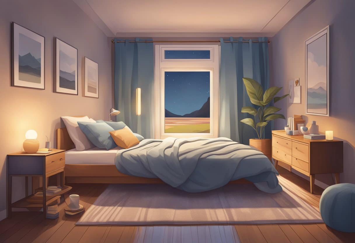 A peaceful bedroom setting with calming activities like gentle stretching, deep breathing, and meditation before bedtime
