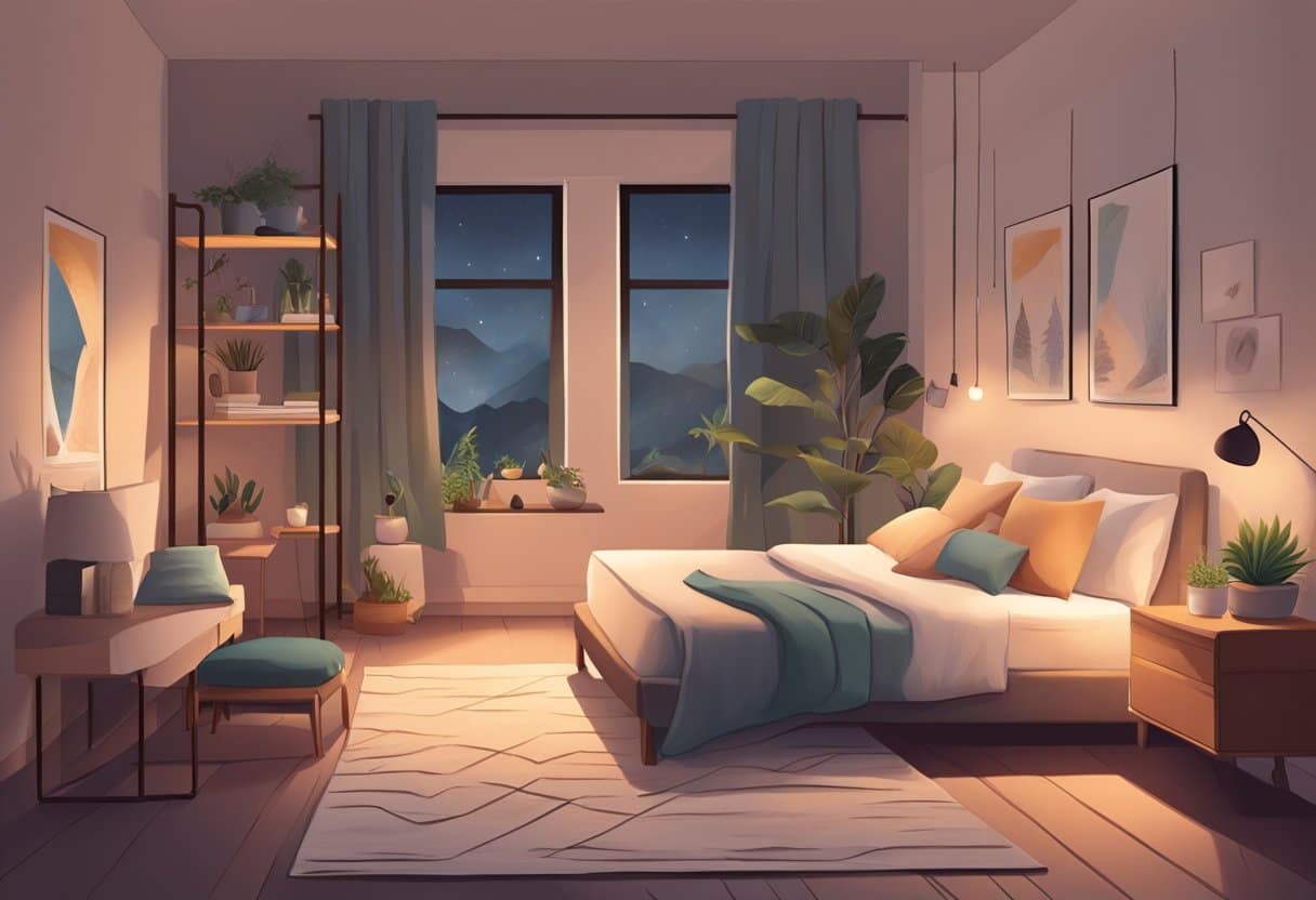 A cozy bedroom with dim lighting, a comfortable bed, and calming decor. A person doing gentle stretching or yoga poses before bed