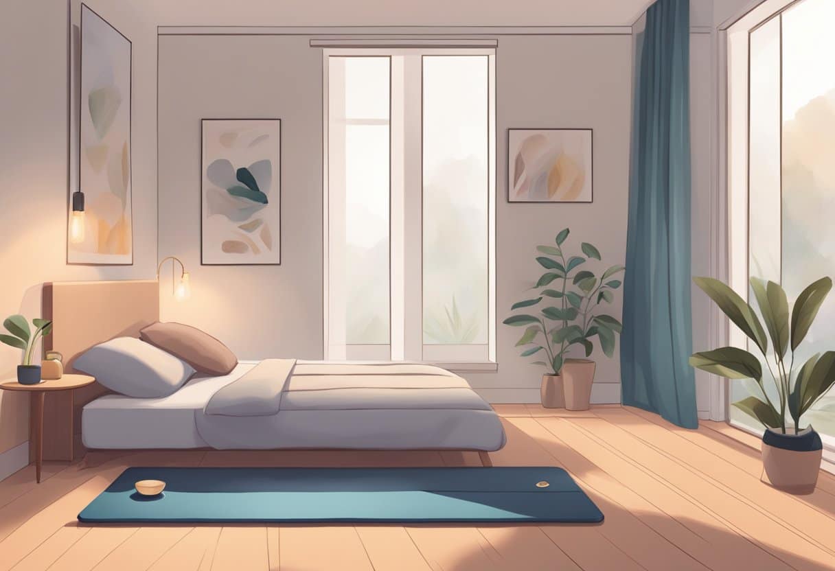 A serene bedroom with dim lighting, a yoga mat on the floor, and a person stretching or doing gentle exercises before bed