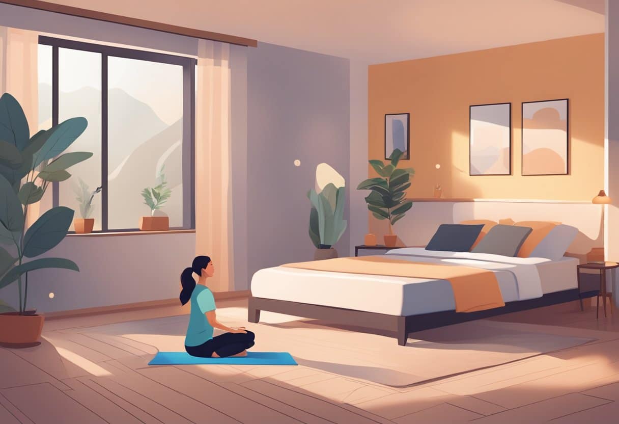 A serene bedroom with dim lighting, a yoga mat on the floor, and a person stretching or doing gentle yoga poses before bedtime