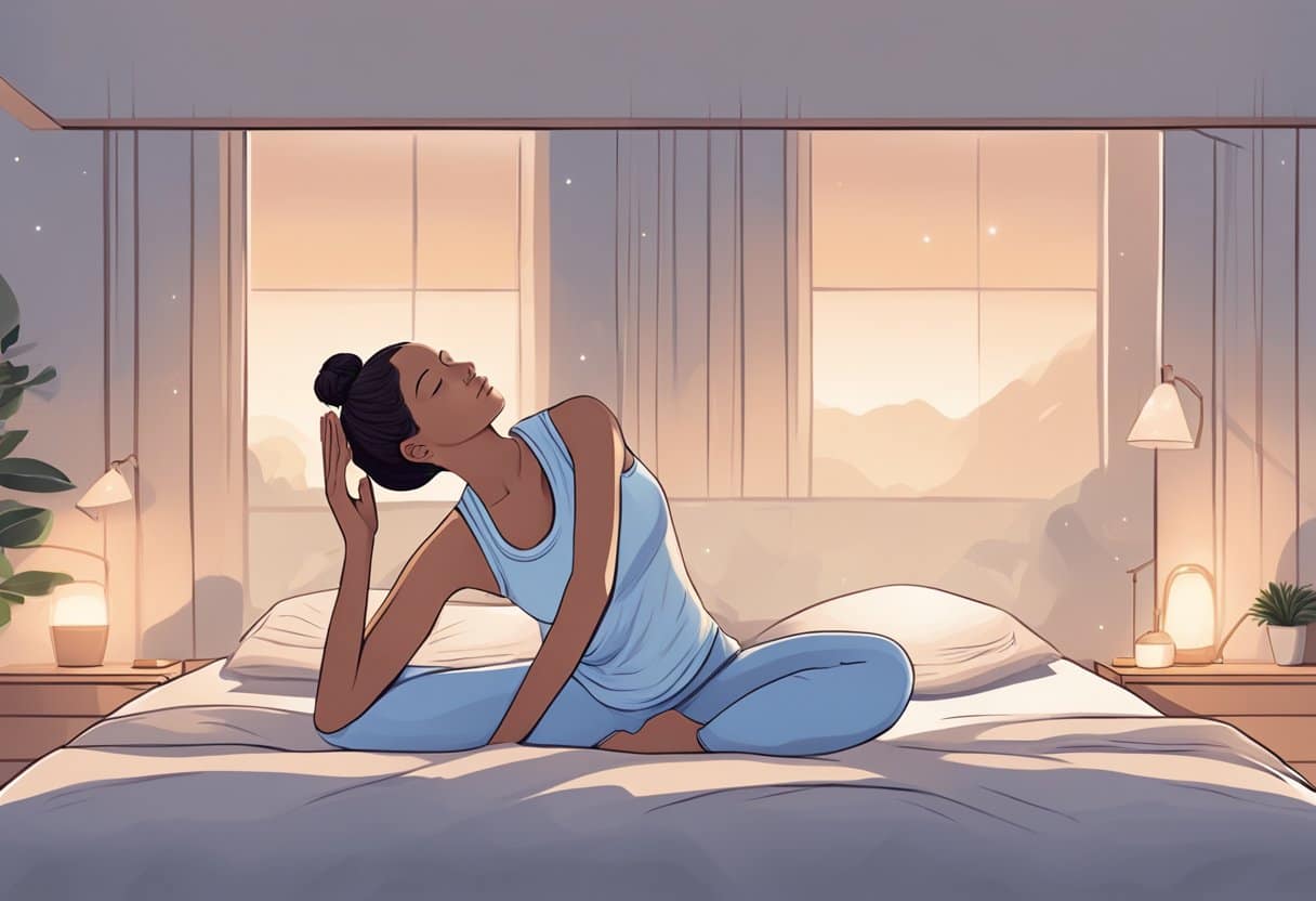A person stretching in bed, doing light yoga poses, and deep breathing exercises before sleep