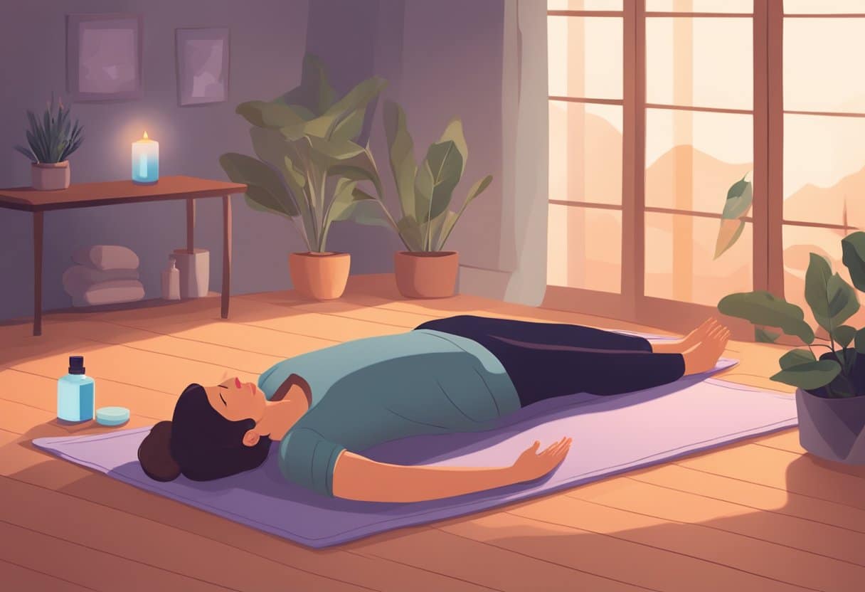 A person lying on a yoga mat in a dimly lit room, surrounded by calming essential oils and a soft blanket. They are performing gentle stretching exercises and deep breathing to relax before bed