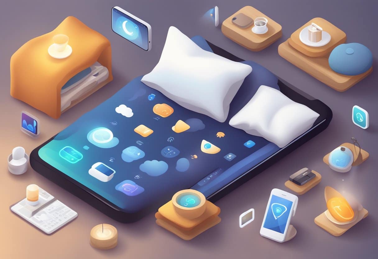 A cozy bed with a smartphone displaying various sleep app icons, surrounded by soft pillows and a warm blanket