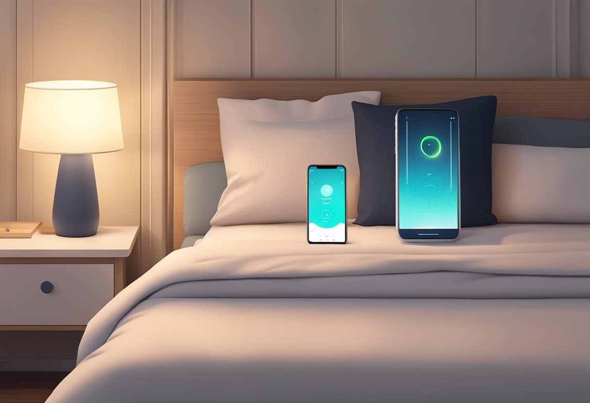A serene bedroom with a cozy bed, soft lighting, and a smartphone displaying the SleepScore app on the nightstand