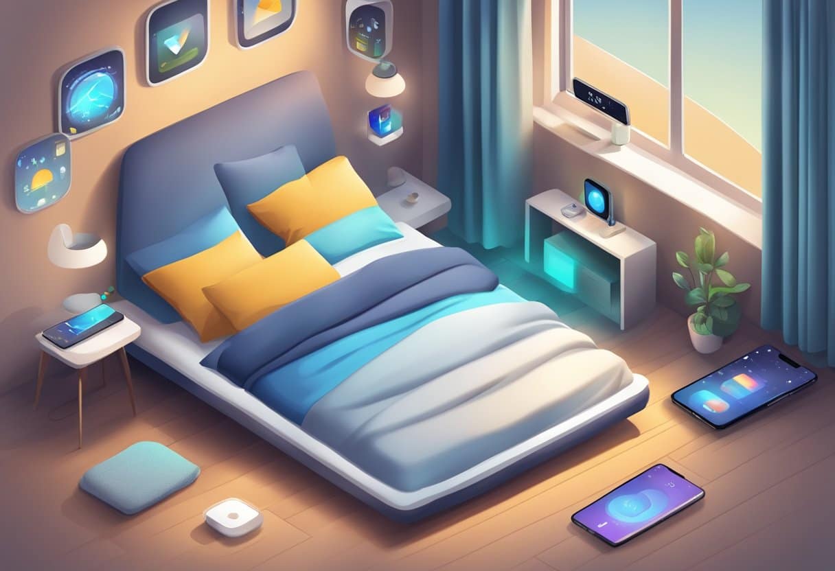 A cozy bed with a pillow surrounded by a smartphone and various sleep apps displayed on the screen