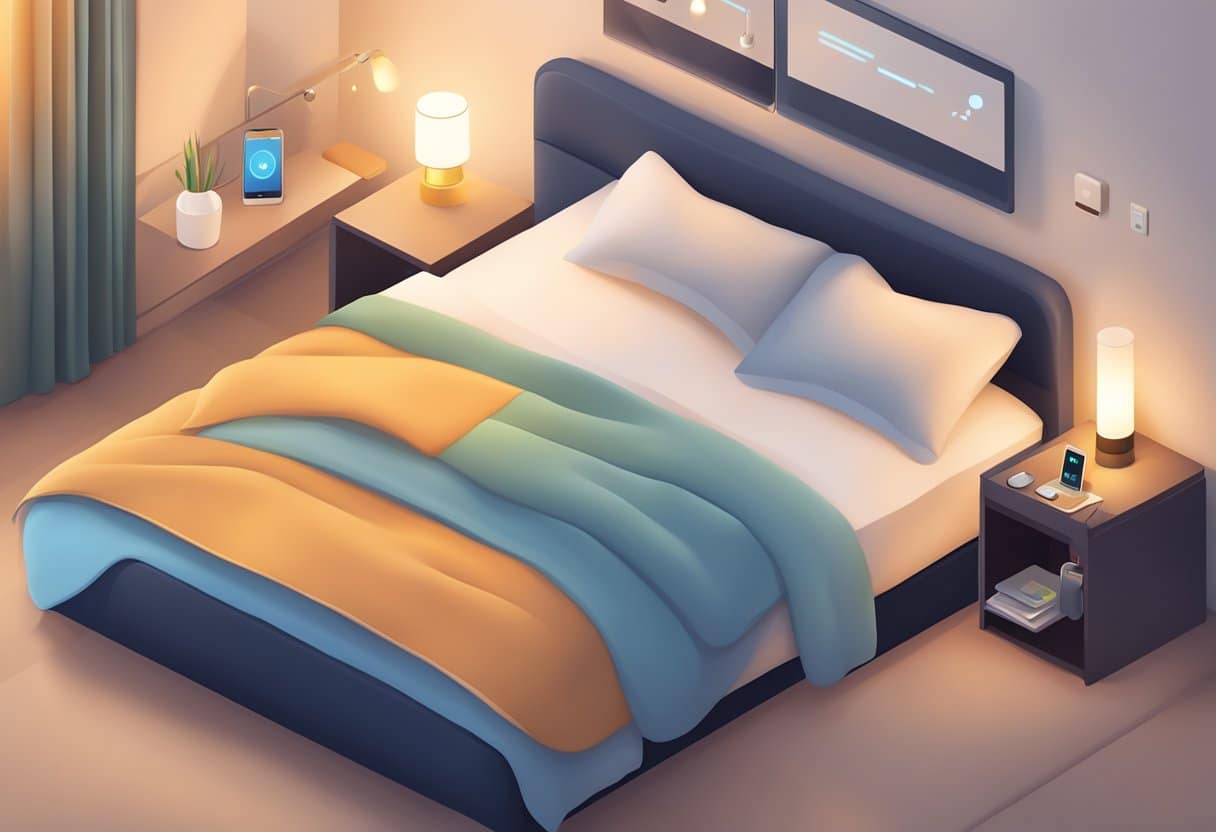 A cozy bed with a phone displaying sleep app icons, soft pillows, and a warm bedside lamp