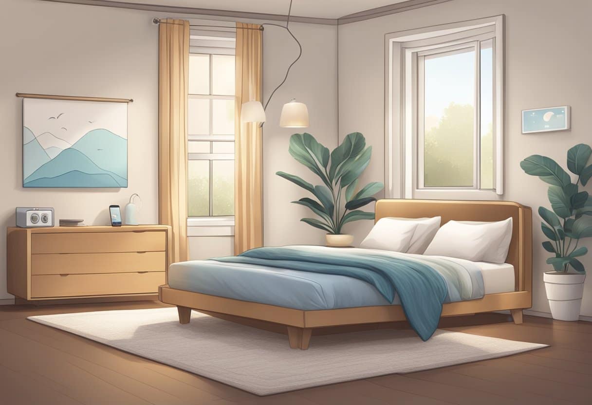 A serene bedroom with a smartphone displaying the Sleep Cycle app, a cozy bed, and a peaceful sleeping environment