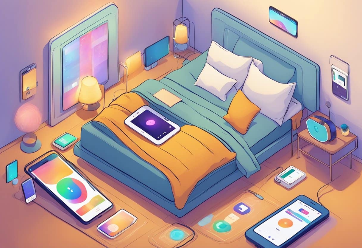 A cozy bed with multiple pillows surrounded by electronic devices displaying sleep apps