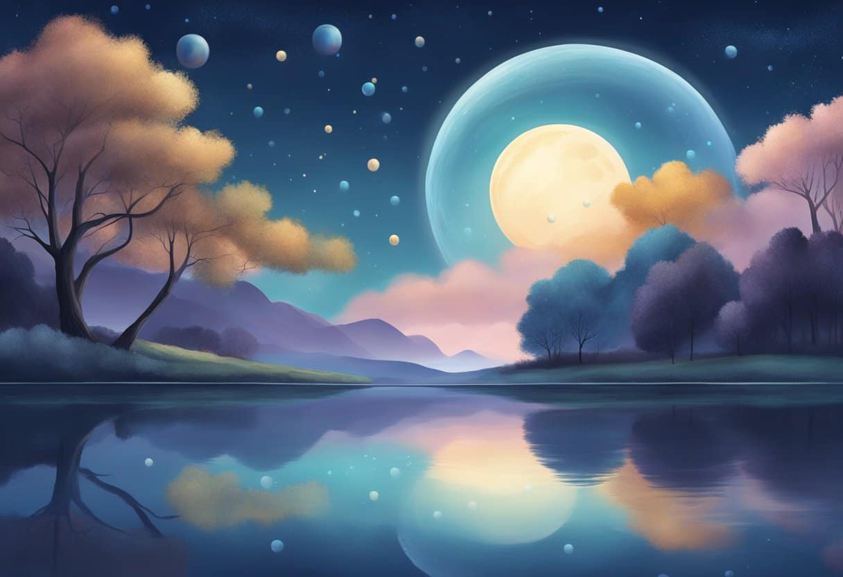A serene night sky with a crescent moon overlooking a tranquil landscape, with a series of floating bubbles representing the stages of sleep