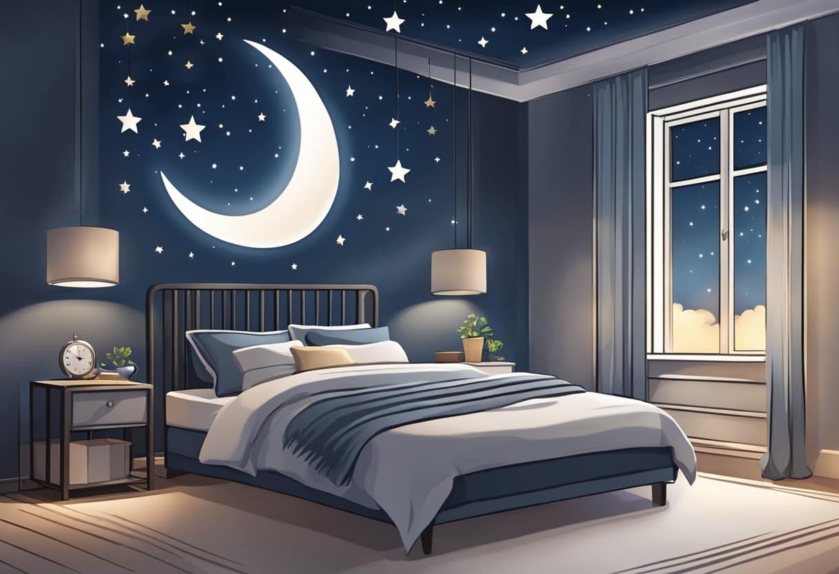 A serene night sky with a crescent moon and stars. A peaceful bedroom with a cozy bed and a clock showing different stages of sleep