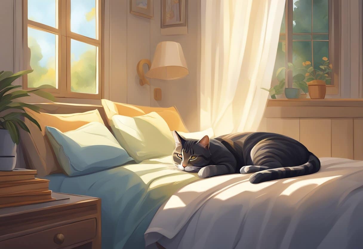 A cozy bed nestled in a peaceful room, sunlight streaming through the window onto a sleeping cat curled up in a blissful power nap