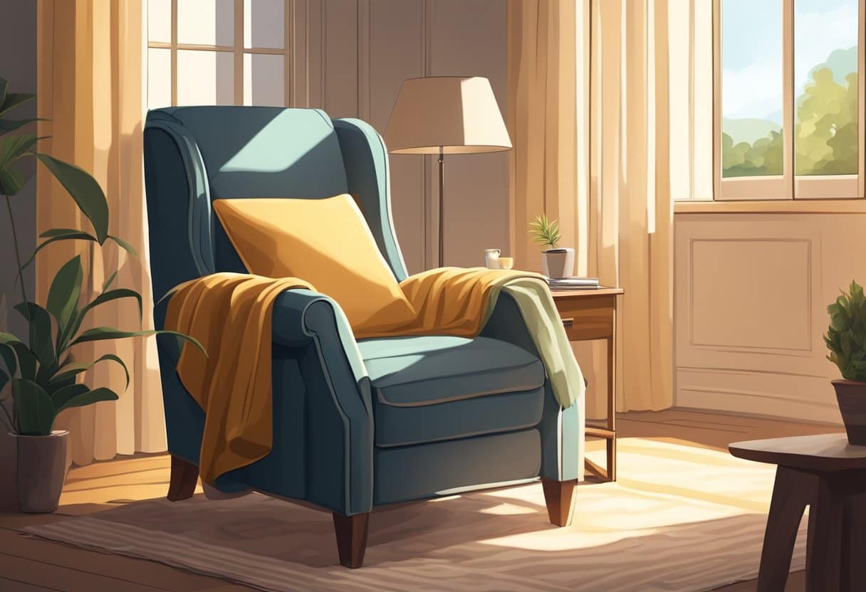 A cozy, dimly lit room with a comfortable recliner bathed in warm sunlight filtering through the curtains. A soft blanket and a pillow are neatly arranged, inviting relaxation