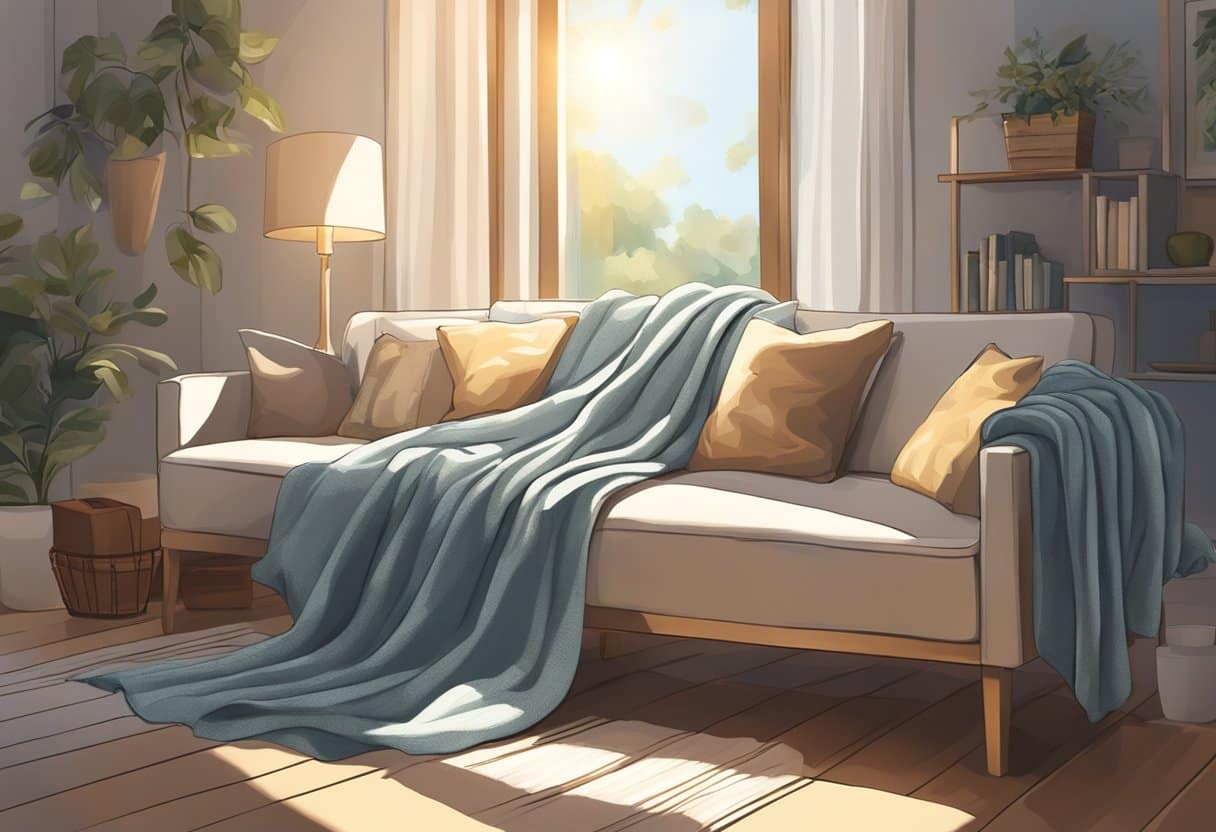 A cozy blanket spread out on a comfortable couch, with a soft pillow and gentle sunlight streaming in through a window