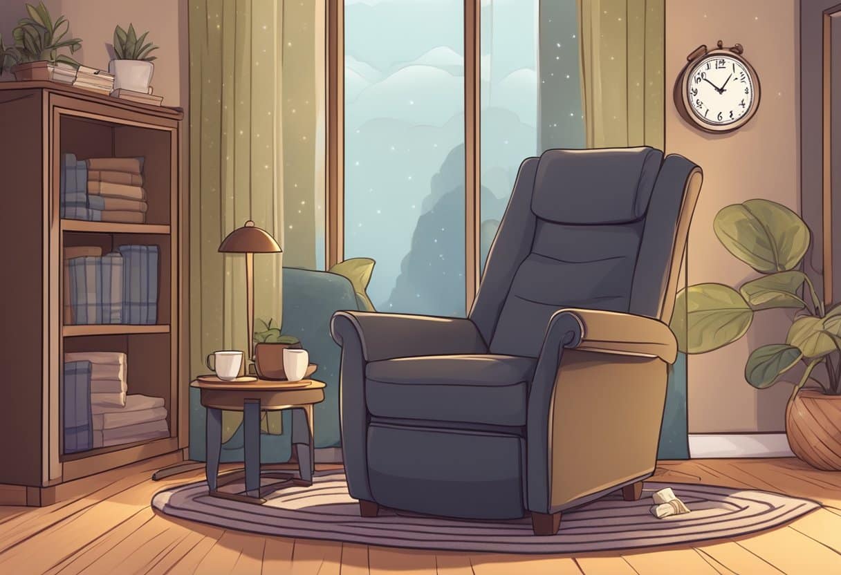 A cozy, dimly lit room with a comfortable recliner or bed, soft pillows, and a warm blanket. A clock on the wall shows a short time period, indicating a quick nap
