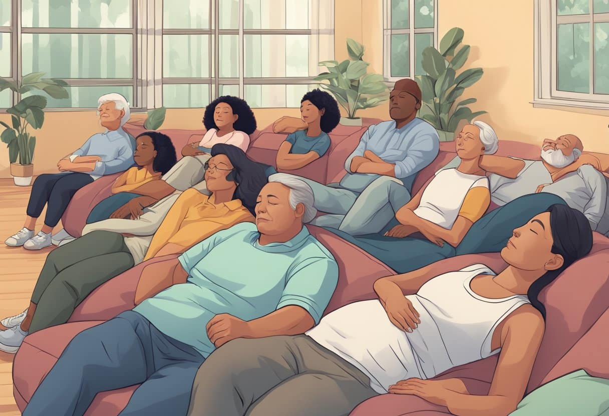 A diverse group of people from different backgrounds and ages enjoying a peaceful power nap in a comfortable and quiet environment