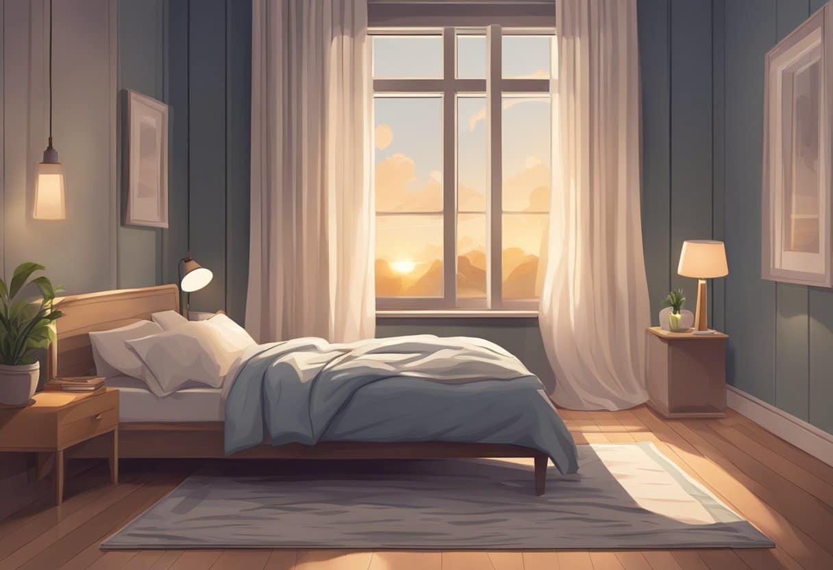 A peaceful bedroom with a cozy bed, a nightstand with a dim lamp, and a window with curtains gently blowing in the breeze