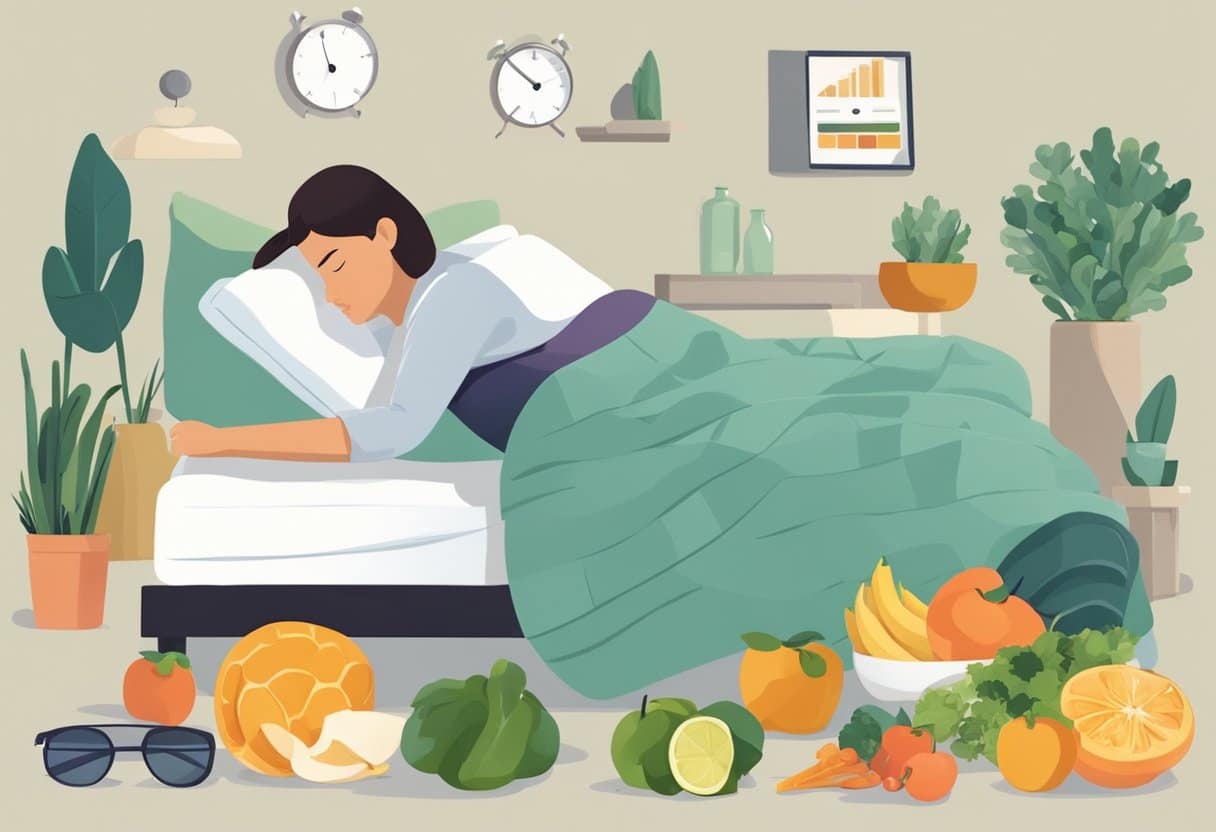 A person sleeping peacefully on a bed, surrounded by healthy food and exercise equipment, with a scale nearby