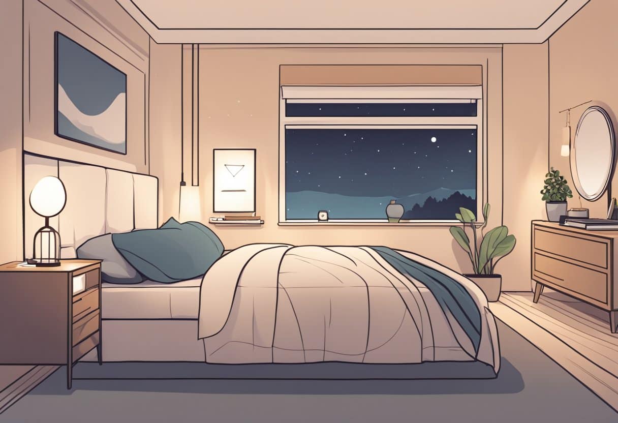 A cozy bedroom with a comfortable bed, a calming color scheme, and a dimly lit lamp. A scale and a sleep tracker sit on a bedside table