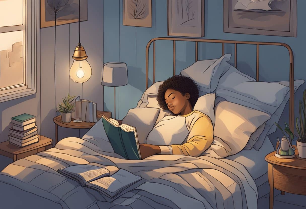 A person peacefully sleeping in a cozy bed, surrounded by calming elements like a dimmed lamp, a book, and a glass of water