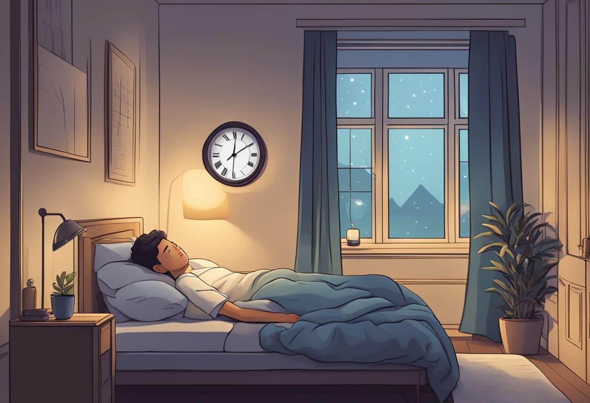 A person sleeping peacefully in a cozy bed, surrounded by a dimly lit room with a clock showing late night or early morning hours