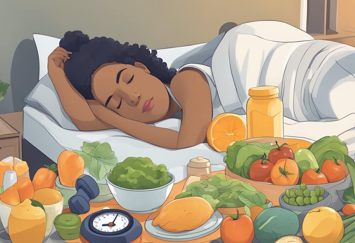 A person sleeping peacefully in bed, surrounded by healthy food and exercise equipment, with a scale and measuring tape nearby