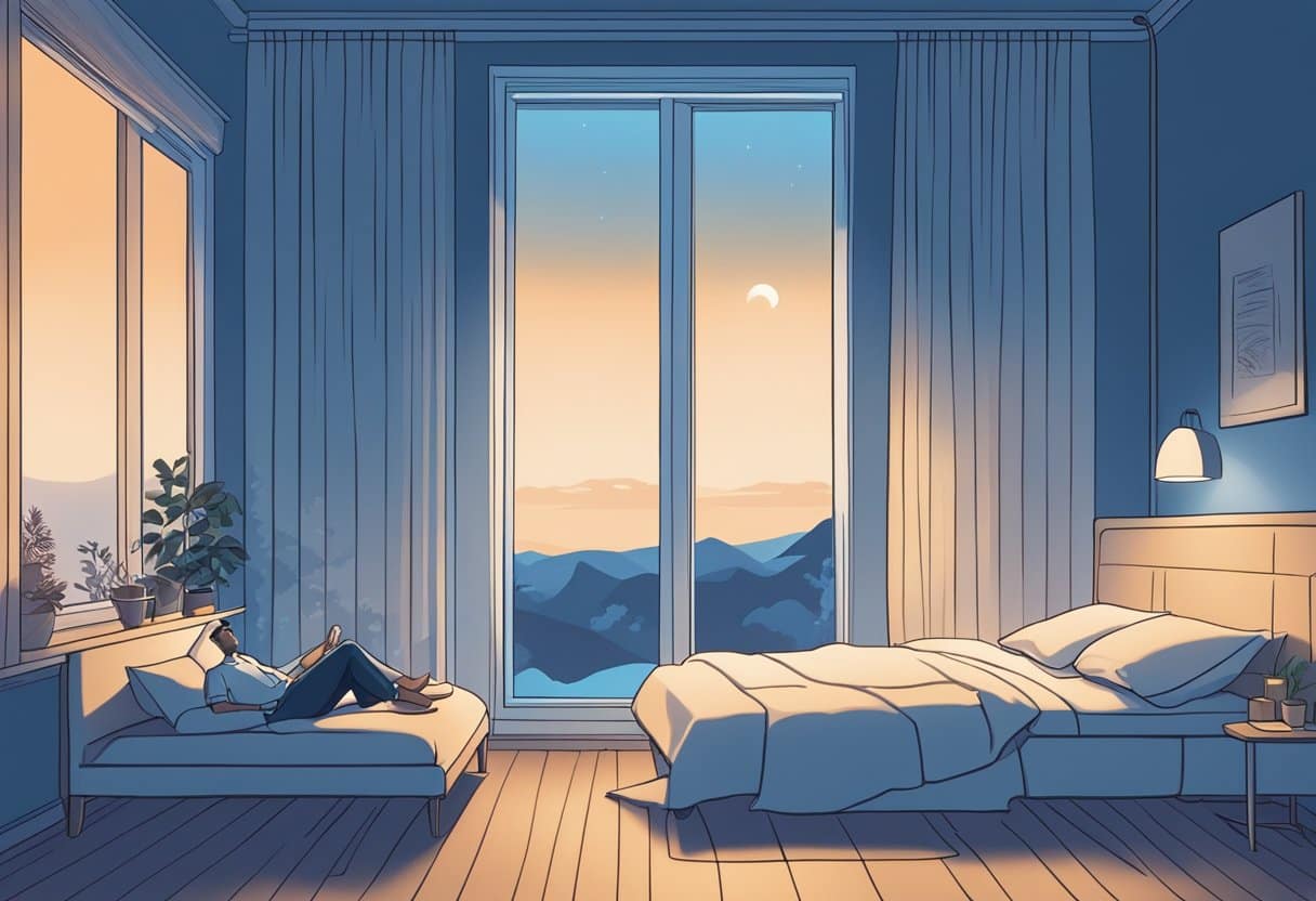 A person asleep in bed with a glowing blue screen nearby, casting a harsh light on the surroundings, while the moonlight outside the window is soft and calming