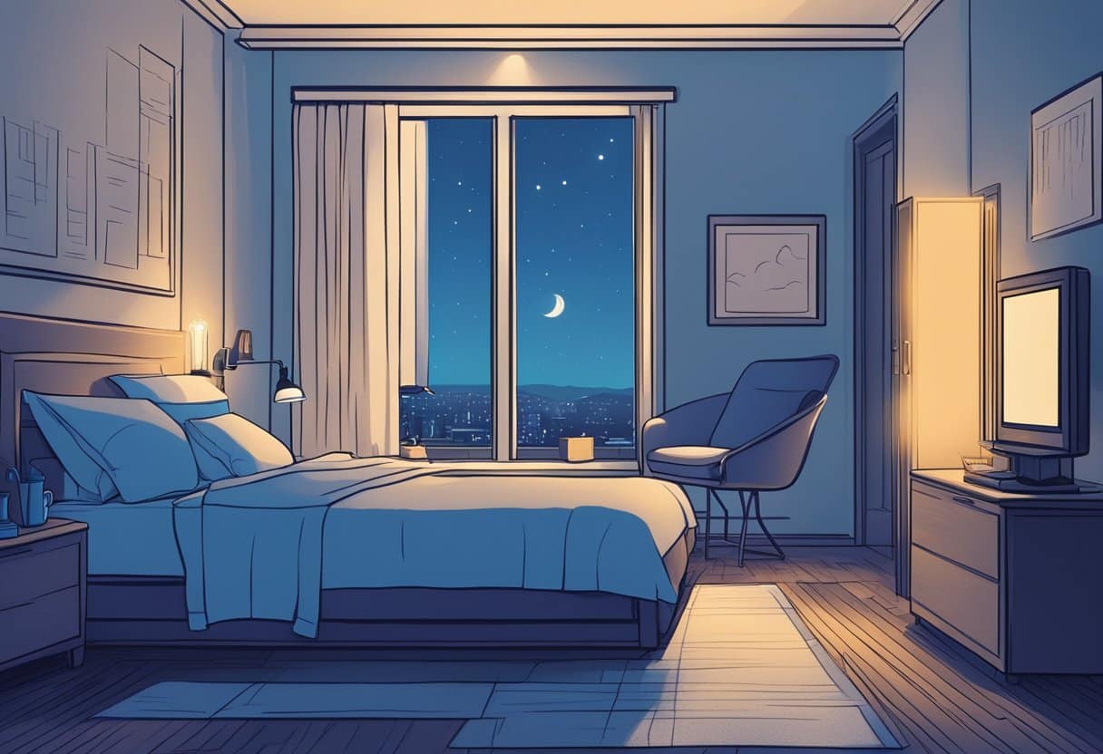 A dimly lit bedroom with a glowing blue screen casting light on the bed, while a clock shows late night hours