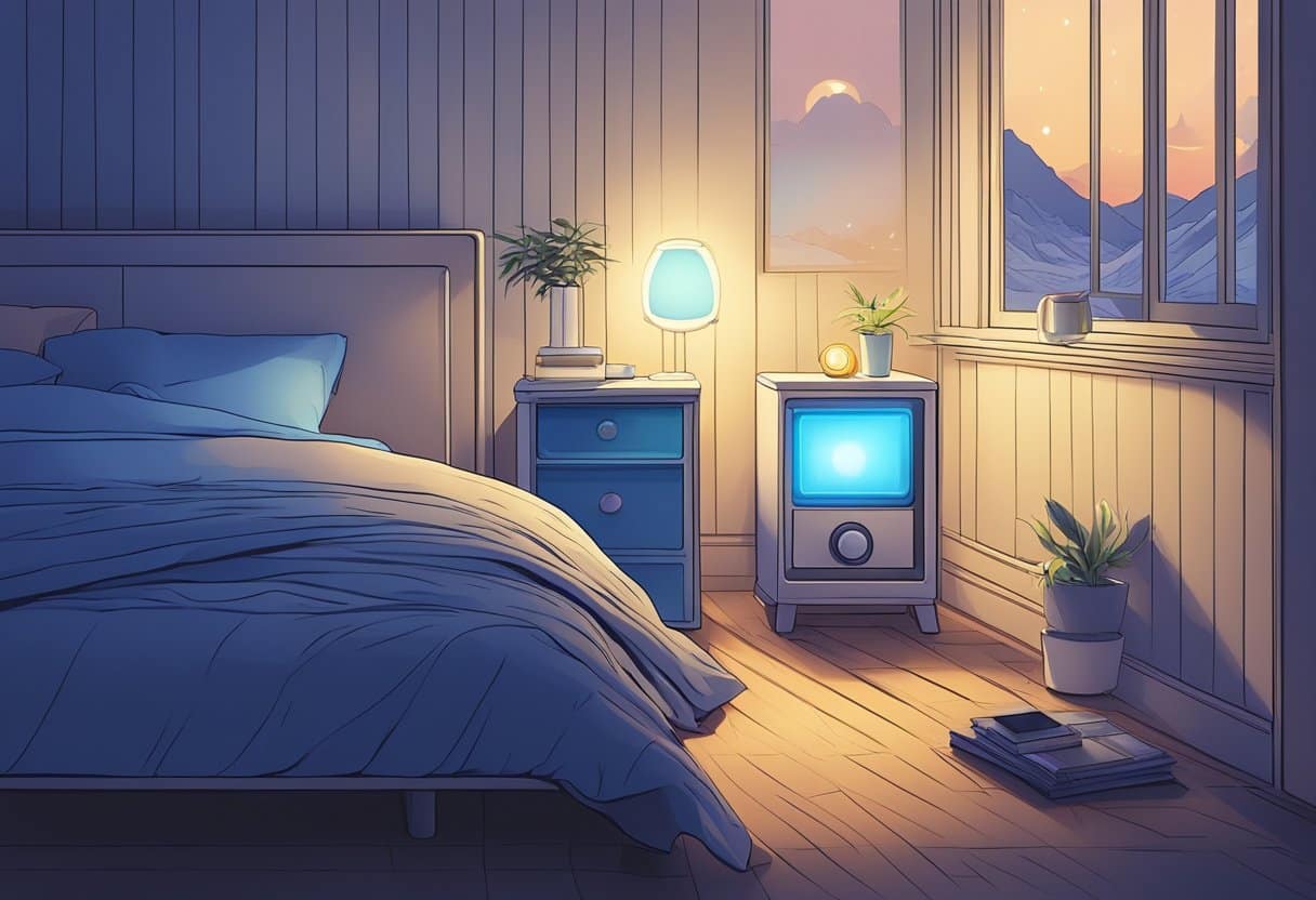 A dimly lit bedroom with a glowing electronic device on a nightstand, casting a blue light onto the surrounding area
