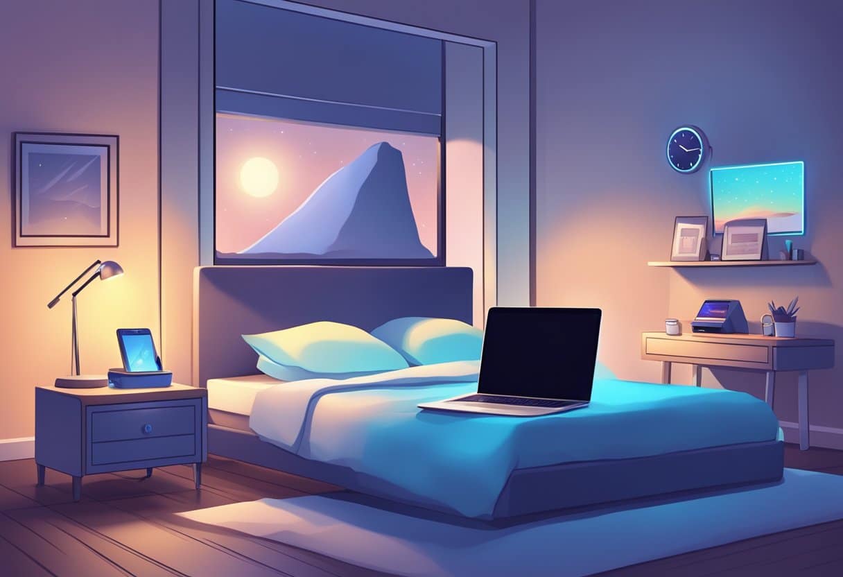 A cozy bedroom with a glowing smartphone on the nightstand, casting a blue light over the room. A laptop and tablet lie open on the bed, while a digital clock displays the late hour