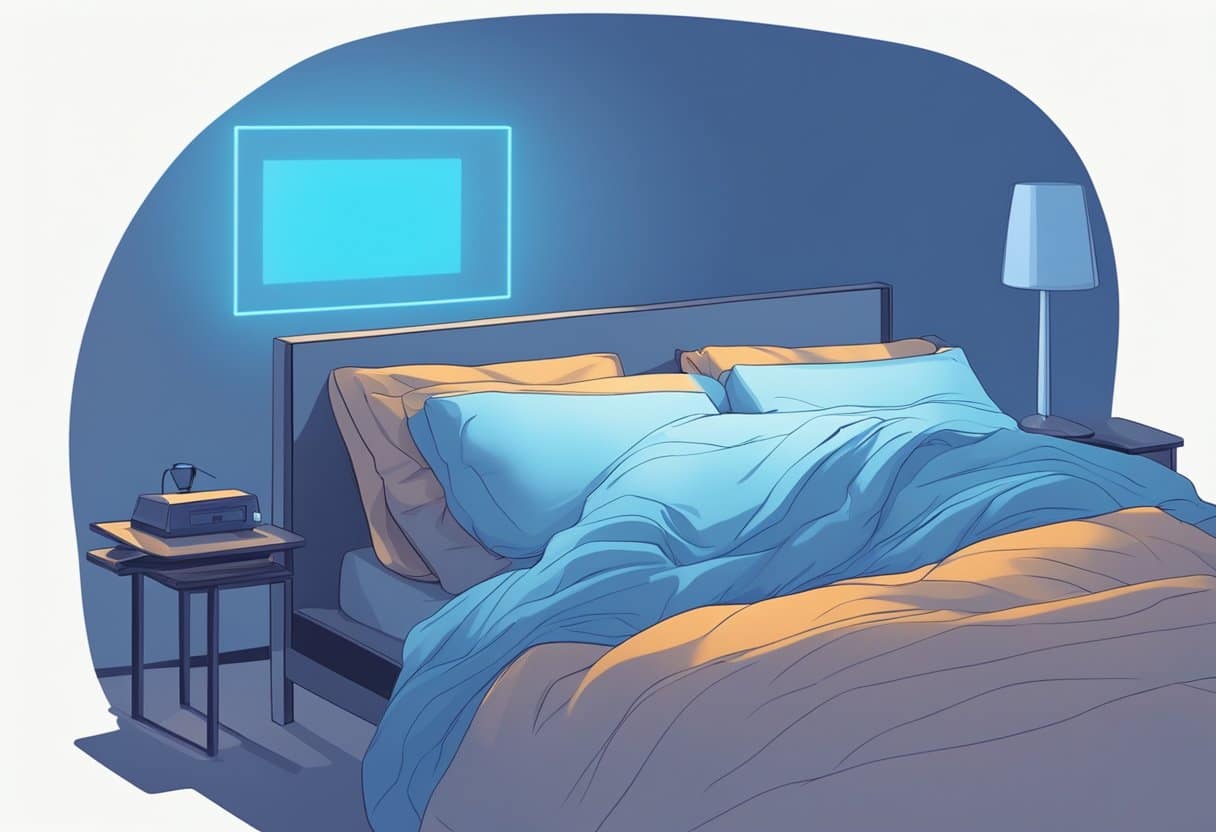 A person sleeping in bed with a glowing blue screen nearby, casting a harsh light on the surroundings