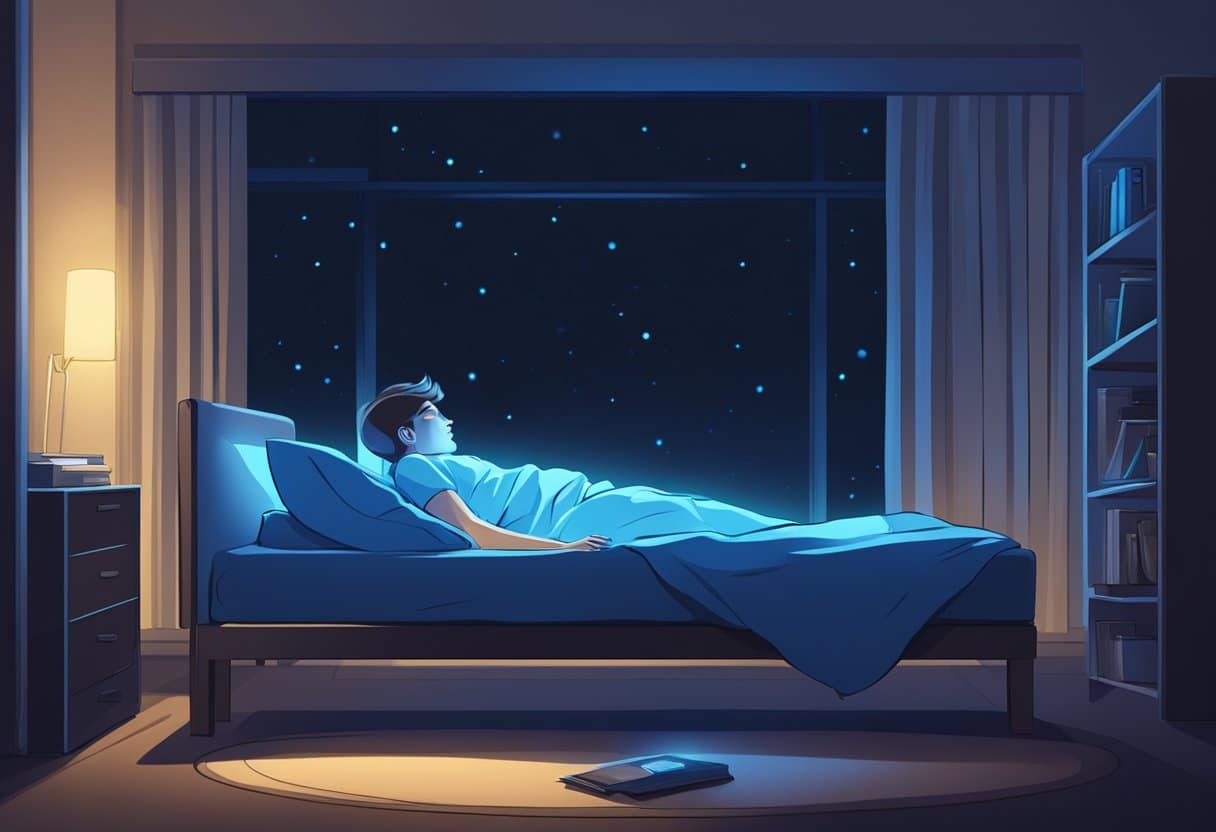 A person lying in bed with a glowing blue screen nearby, surrounded by darkness