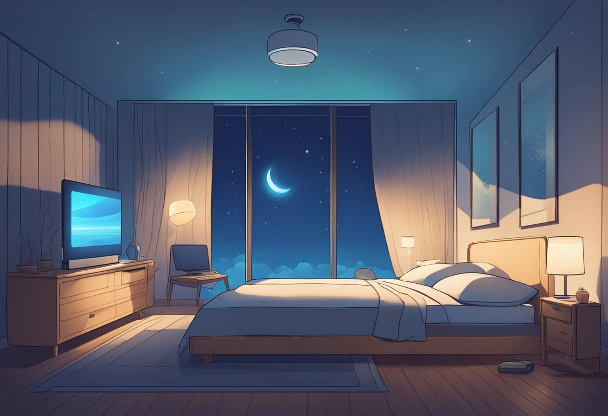 A cozy bedroom with a glowing digital screen casting a blue light onto the surroundings. A clock shows late hours while a person lies awake in bed