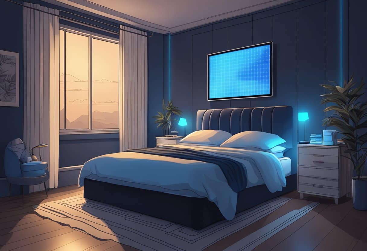 A dark bedroom with a glowing digital screen casting blue light onto the bed, while a clock shows late hours