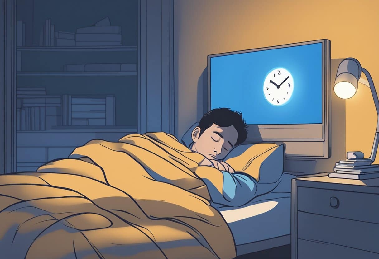 A person sleeping in bed, with a glowing blue screen nearby casting light onto their face, while a clock shows late hours