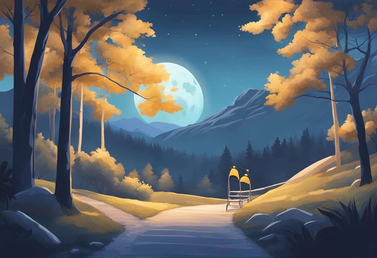 A serene moonlit landscape with a peaceful sleeping figure, surrounded by athletic equipment and a trail leading into the distance