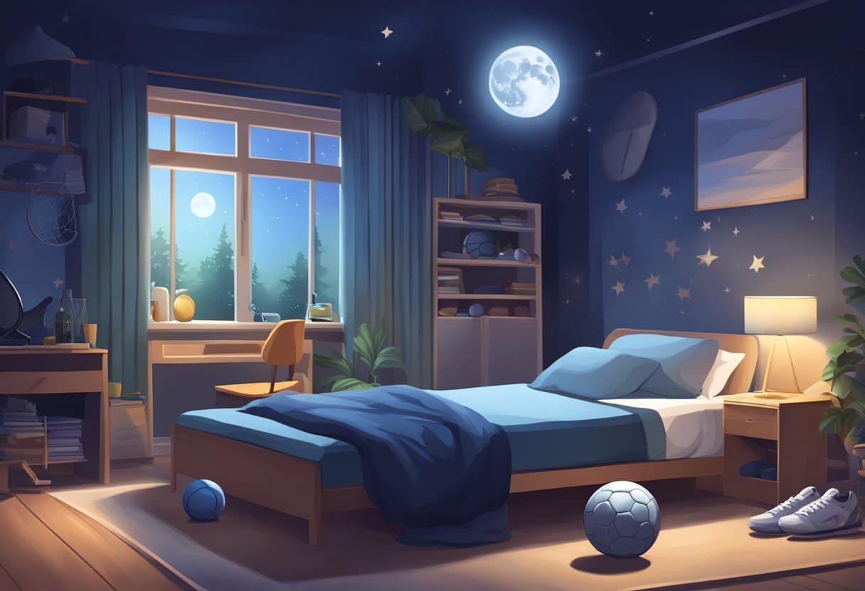 A serene moonlit night with a sleeping athlete surrounded by sports equipment and a peaceful, restful atmosphere