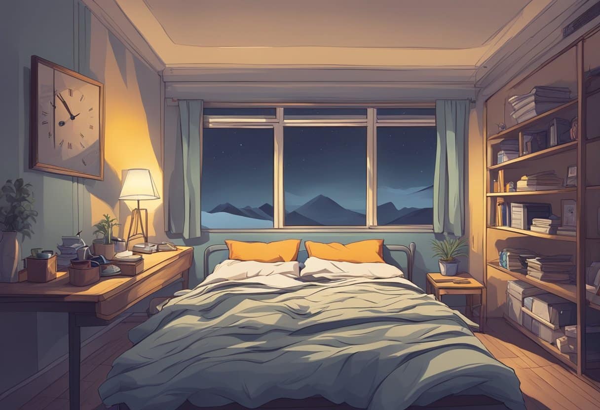 A dimly lit bedroom with a disheveled bed, a clock showing late hours, and a tired athlete struggling to stay awake