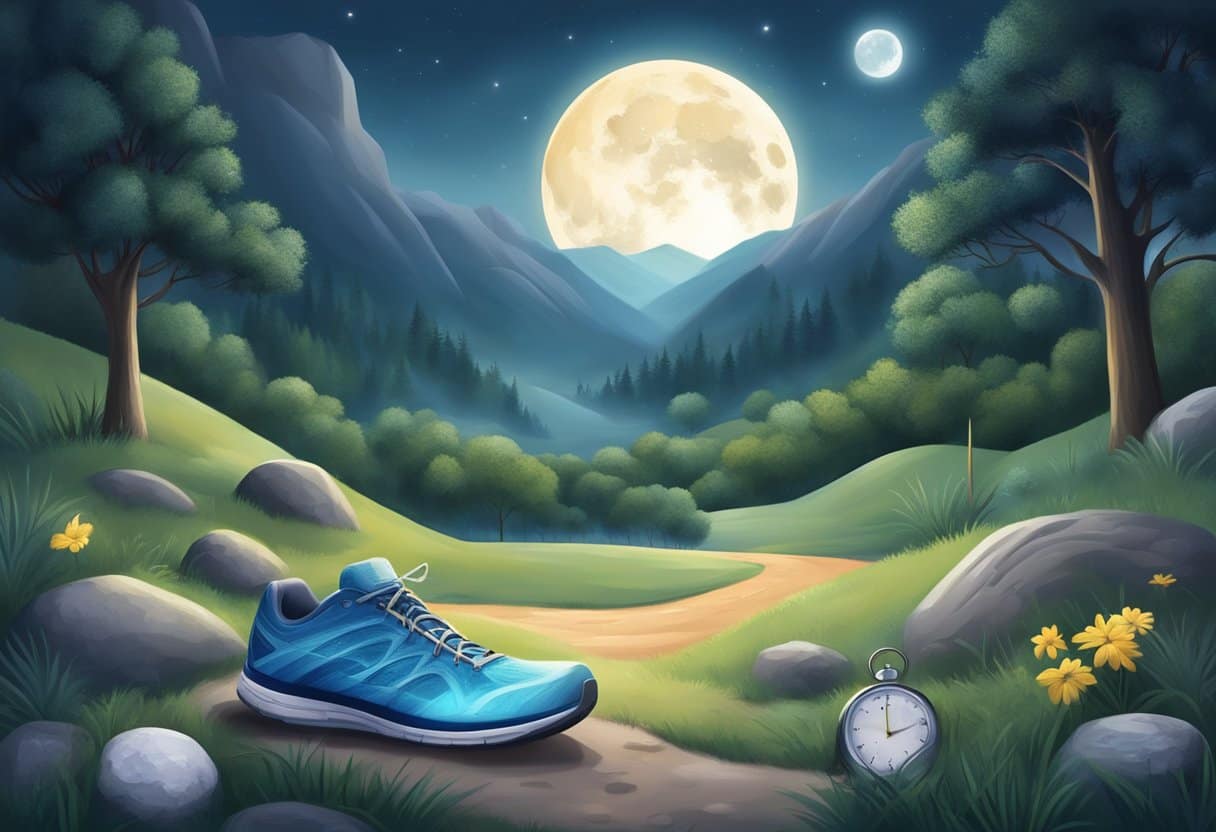 A serene moonlit landscape with a peaceful sleeping environment, surrounded by symbols of physical recovery and endurance, such as running shoes and a stopwatch
