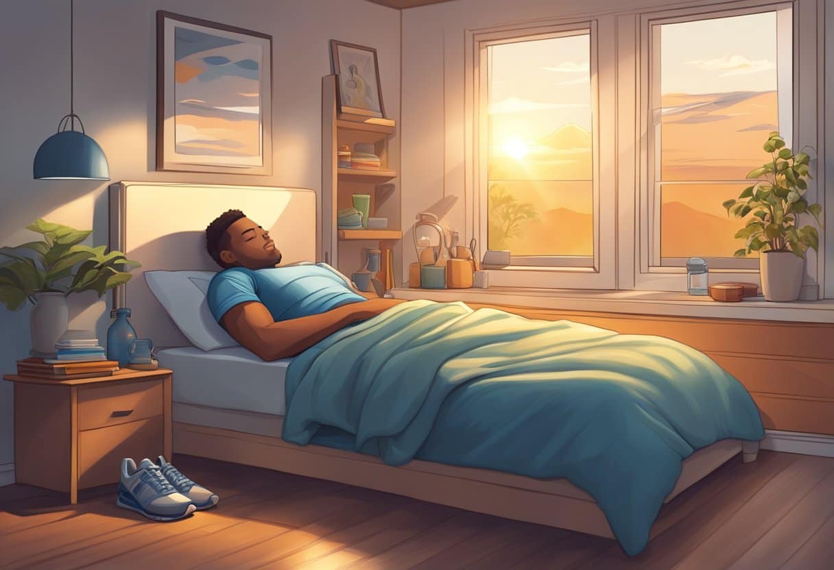 A runner peacefully sleeping in a cozy bed, surrounded by sports equipment and a water bottle, with a sunrise peeking through the window
