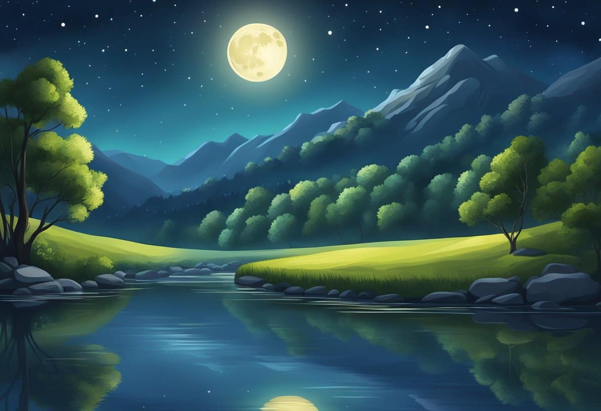 A serene moonlit landscape with a tranquil river, surrounded by lush greenery and a starry night sky above